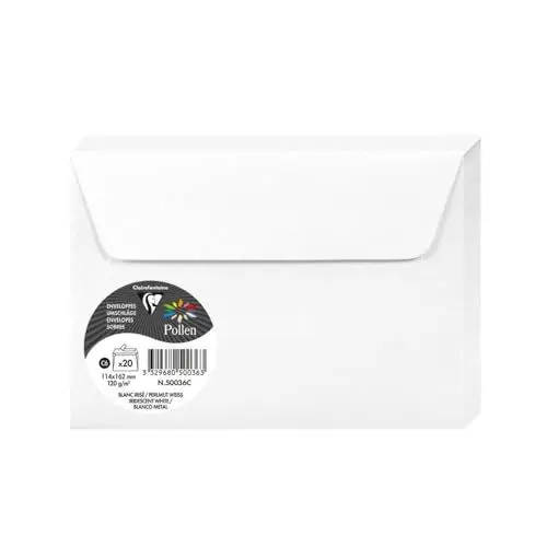 Produktbild: Clairefontaine 50036C - Packung mit 20 Umschläge selbstklebend, Format C6 (11,4x16,2cm), 120g, ideal für Einladungen und Korrespondenz, Weiß Perlmutt, 1 Pack