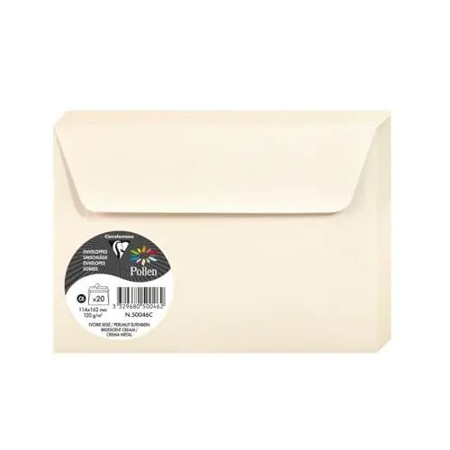 Produktbild: Clairefontaine 50046C - Packung mit 20 Umschlägen Pollen selbstklebend, Format C6 (11,4x16,2cm), 120g, ideal für Einladungen und Korrespondenz, Elfenbein Perlmutt, 1 Pack