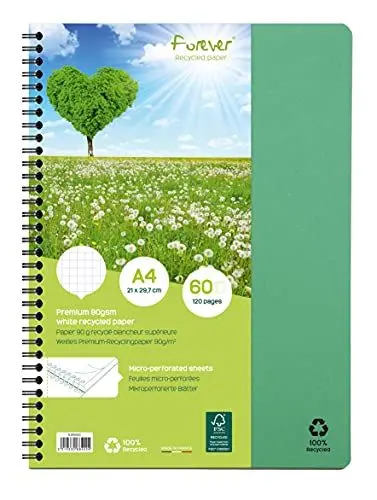 Produktbild: Clairefontaine 68402C - Heft Forever mit Doppelspiralbindung, DIN A4, 21x29,7cm, 60 Blatt, 90g, kariert, aus Recycling Papier, Grün, 1 Stück