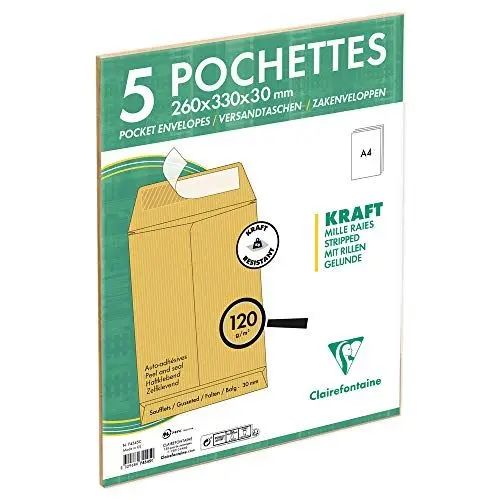 Produktbild: Clairefontaine 74545C - Packung mit 5 Versandtaschen Kraftbraun E4-260x400 mm, mit Rillen, dehnbar mit Falten 30 mm, selbstklebend, 120g, 1 Pack