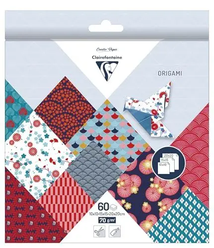 Produktbild: Clairefontaine 95347C - Pack mit 60 Blatt Origamipapier, mit 3 Formaten, 10 x 10cm, 15 x 15cm, 20 x 20cm, 70g, 1 Pack, Hanayo