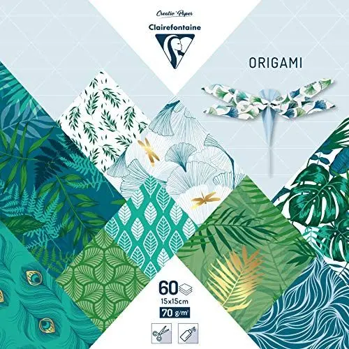 Produktbild: Clairefontaine 95354C – Beutel Origami, 60 Blatt, 15 x 15 cm, 70 g, verschiedene Motive, pflanzlich chic