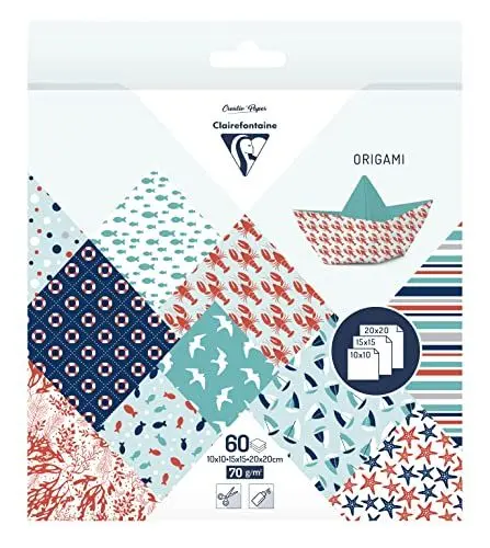 Produktbild: Clairefontaine 95361C - Pack mit 60 Blatt Origami, mit 3 Formaten, 10 x 10cm, 15 x 15cm, 20 x 20cm, 70g, 1 Pack, Hohe See