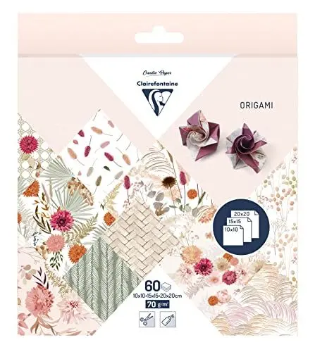 Produktbild: Clairefontaine 95371C - Packung mit 60 Blatt Origami, 70g, 3 Formate (10x10cm, 15x15cm, 20x20cm), Trockenblumen, 1 Pack