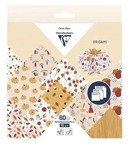 Produktbild: Clairefontaine 95379C - Packung Origami Papier mit 60 Blatt in 3 Formaten ( 10x10cm - 15x15cm - 20x20cm) 70g, Herbst, 1 Pack