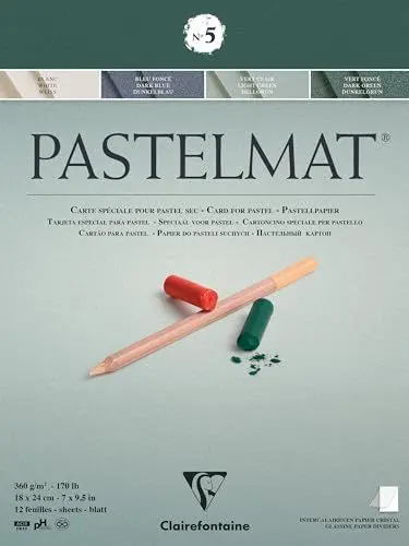 Produktbild: Clairefontaine 96113C Zeichenblock Pastelmat (12 Blatt, 18 x 24 cm, 360 g, mit 4 transparenten Trennblättern, Spezielkarton ideal fur Pastell und Kreide) dunkelblau, hellgrün, dunkelgrün und weiß