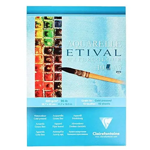 Produktbild: Clairefontaine 96303C Etival Matt Aquarellpapier Block (kopfseitig geleimt, 10 Blatt, DIN A3, 29,7 x 42 cm, feinkörnig, 100% Zellulose, 200 g) weiß