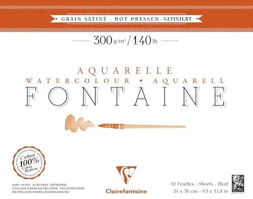 Produktbild: Clairefontaine 96349C Aquarellblock Fontaine Satiné (100% Hadern, feinkörnig, glatt, für Nass- und Trockentechniken geeignet, säurefrei, 300g, 14 x 30 cm, 12 Blatt) weiß