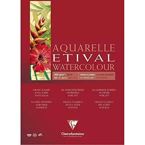 Produktbild: Clairefontaine 96374C Aquarellblock Etival (matt, 200g, für alle Nasstechniken geeignet, 1-seitig verleimt, 10 Blatt, DIN A4, 21 x 29,7 cm, ideal für Anfänger, säurefrei) weiß
