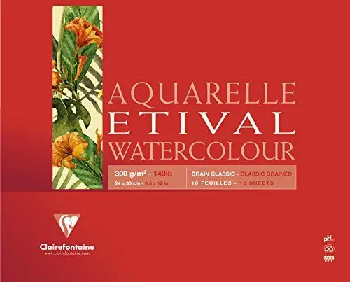 Produktbild: Clairefontaine 96396C Aquarellblock Etival (matt, 300g, für alle Nasstechniken geeignet, 4-seitig verleimt, 10 Blatt, 24 x 30 cm, ideal für Anfänger, säurefrei) weiß