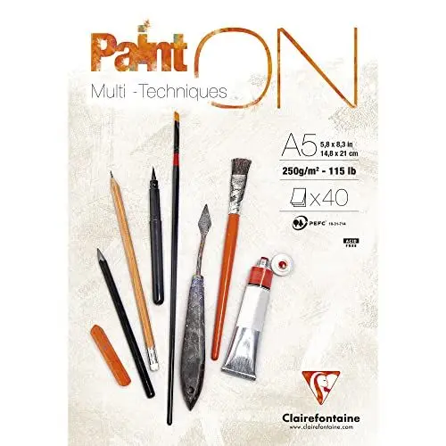 Produktbild: Clairefontaine 96538C - Malblock / Zeichenblock PaintON feinkörnig DIN A5 14,8x21 cm, kopfseitig geleimt, 40 Blatt, 250g, 100% Zellulose, Korrekturen möglich, ideal für Mixmedia, Weiß, 1 Stück