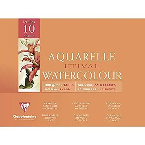 Produktbild: Clairefontaine 96570C Aquarellblock Etival (4-seitig verleimt, 10 Blatt, 300g, für alle Nasstechniken geeignet, feinkörnig, aus 100% Zellulose, 18 x 24 cm) weiß