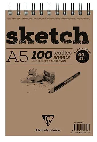 Produktbild: Clairefontaine 96606C - Skizzenblock Sketch mit Doppelspirale, DIN A5 14,8x21cm, 50 Blatt, ideal für Trockentechniken, 90g, Weiß, 1 Stück