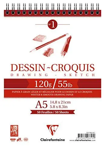 Produktbild: Clairefontaine 96616C - Zeichenblock mit Doppelspiralbindung, 50 Blatt Zeichen- und Skizzenpapier, 125g, ideal für unterwegs, DIN A5, 14,8 x 21 cm, weiß, 1 Stück