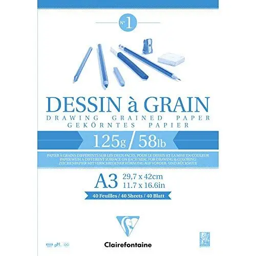 Produktbild: Clairefontaine 96682C Zeichenblock Kopfseitig Geleimt Dessin a Grain, Din A3, 29.7 x 42 cm, 40 Blatt, 125 g, weiß