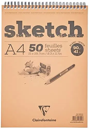 Produktbild: Clairefontaine 96904C - Skizzenblock mit Doppelspirale Sketch-Papier, feinkörnig, DIN A4, 21 x 29.7 cm, 50 Blatt, 90g, Weiß, 1 Stück