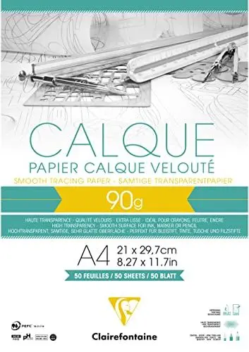 Produktbild: Clairefontaine 97133C - Block geleimt Transparentpapier, 50 Blatt 90/95g DIN A4 21x29,7cm, ideal für technisches und kreatives Zeichnen, biologisch abbaubar und recycelbar, 1 Stück