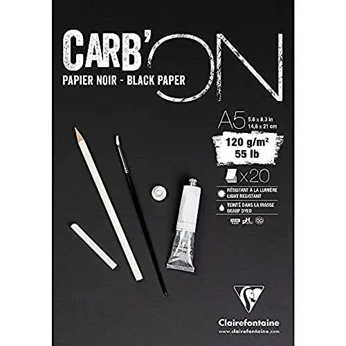 Produktbild: Clairefontaine 975038C Zeichenblock Carb´On (120 g, ideal für Trockentechniken, DIN A5, 14,8 x 31 cm, geleimt, 20 Blatt) schwarz