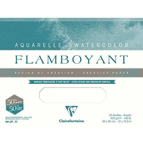 Produktbild: Clairefontaine 975064C Flamboyant Aquarellpapier Block (4-seitig geleimt, 20 Blätter, 24 x 32 cm, 300 g, mit zerfransten Rand, mit starker Struktur, ideal für spezielle Effekte) extraweiß