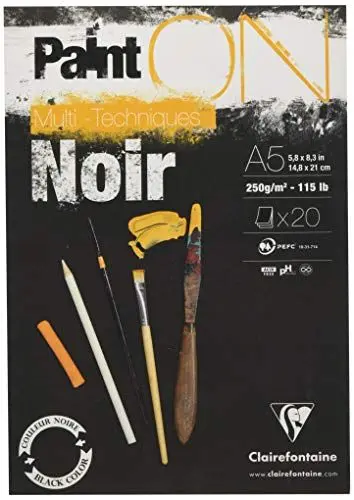 Produktbild: Clairefontaine 975168C - Zeichenblock / Skizzenheft PaintON, DIN A5 14,8x21 cm, kopfseitig geleimt, 20 Blatt, 250g, 100% Zellulose, ideal für Mixmedia, leichte raue Oberfläche, Schwarz, 1 Stück.