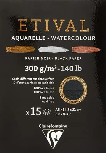 Produktbild: Clairefontaine 975317C - Malblock verleimt 2 Körnungen, 1 Seite Etival Papier, 15 Blatt 14,8x21 cm 300g , Schwarz