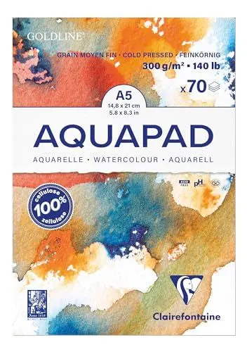Produktbild: Clairefontaine 975720C - Aquarell Malblock Goldline, 70 Blatt, 300g Zeichenpapier, mittelfein gekörnt, DIN A5, 14,8x21 cm, 1 Stück
