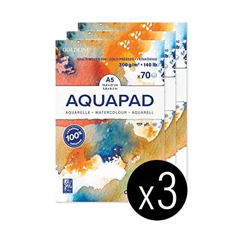 Produktbild: Clairefontaine 975720C - Packung mit 3 Aquarellblöcken Goldline Aquapad A5 geleimt, 70 Blatt weiß 300g, mittlere Körnung, 1 Pack