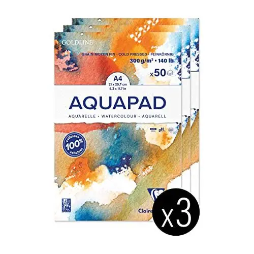 Produktbild: Clairefontaine 975721C - Packung mit 3 Aquarellblöcken Goldline Aquapad A4 geleimt, 50 Blatt weiß 300g, mittlere Körnung, 1 Pack