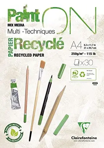 Produktbild: Clairefontaine 975741C - Block Paint'ON, geleimt, DIN A4, 30 Blatt Recycling-Papier weiß 250g, perfekt für Trocken- und Nasstechniken, 1 Stück