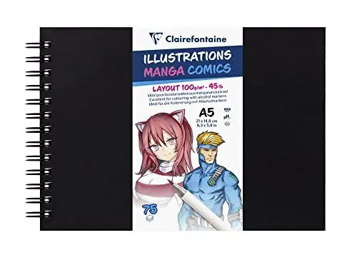 Produktbild: Clairefontaine 975945C - Spiralgebundene Skizzenbuch mit schwarzem Einband, ideal für Manga und Comics Illustrations DIN A5, 14,8x21cm, 75 Blatt, 100g, Weiß, 1 Stück