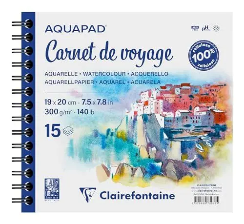 Produktbild: Clairefontaine 975956C - Skizzenbuch Aquapad 19x20cm, spiralgebunden mit 15 Bogen 300g, ideal für unterwegs, 1 Stück, mehrfarbig