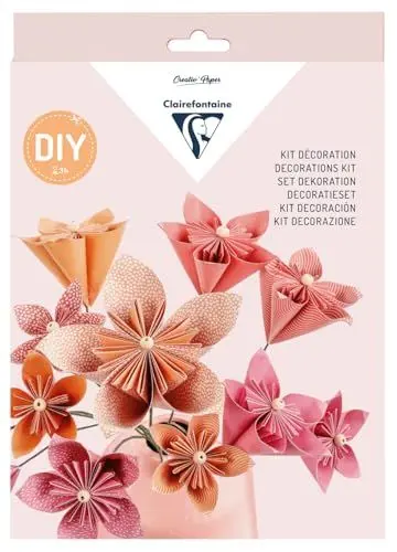 Produktbild: Clairefontaine 97714C - Kreativset mit 60 Blatt Origamipapier 70g/m2 (3 Formate), 1 florales Klebeband, 12 Drähte, 12 Holzperlen, 1 Tube Flüssigkleber, ideal für Einsteiger, Blumenmotiven, 1 Set