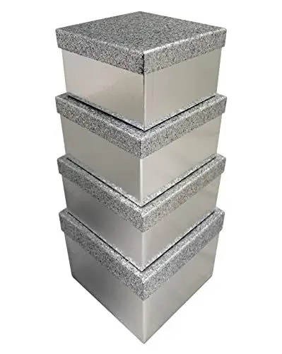 Produktbild: Clairefontaine X-31049-BXC - Set mit 4 viereckigen Boxen, Box 1: 16x16x9,6 cm. Box 2: 18x18x10,8 cm. Box 3: 20x20x12 cm. Box 4: 22x22x13,2 cm, mit Glitter in Silber 1 Set