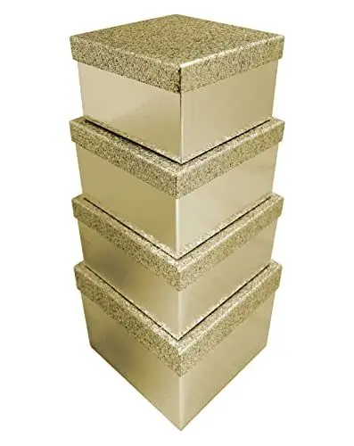 Produktbild: Clairefontaine X-31052-BXC - Set mit 4 viereckigen Boxen, Box 1: 16x16x9,6 cm. Box 2: 18x18x10,8 cm. Box 3: 20x20x12 cm. Box 4: 22x22x13,2 cm, mit Glitter in Gold, 1 Set