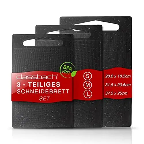 Produktbild: Classbach 3er Schneidebrett-Set Kunststoff, Spülmaschinen geeignet, Küchenschneidebrett mit Saftrinne BPA frei aus Kunststoff, Schneidebrettchen, lebensmittelecht, schwarz, C-SB 4012 K
