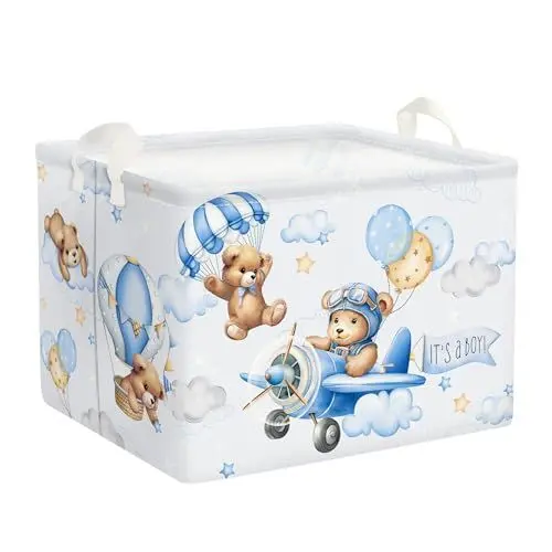 Produktbild: Clastyle 36L Groß Blau Bär Piloten Kinder Aufbewahrungskorb mit Henkel Luftballons Rechteckig Spielzeug Kleidung Aufbewahrungsbox für Kinderzimmer Bad