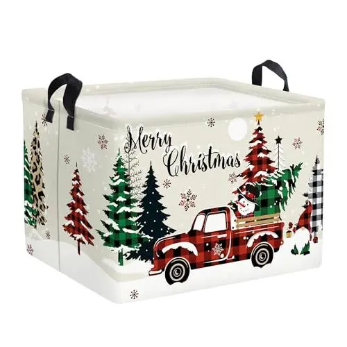 Produktbild: Clastyle 36L Groß Fröhlich Weihnachten Lkw Zwerg Baum Kinder Aufbewahrungskorb mit Henkel Rechteckig Schneemann Kariert Spielzeug Kleidung Aufbewahrungsbox für Kinderzimmer Bad