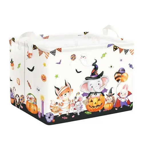 Produktbild: Clastyle 36L Groß Halloween Kürbis Tier Kinder Aufbewahrungskorb mit Henkel Rechteckig Spielzeug Kleidung Elefant Fuchs Weiß Aufbewahrungsbox für Kinderzimmer Bad