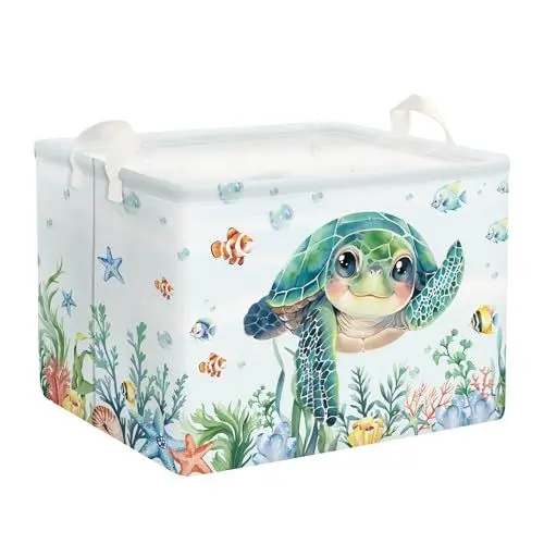 Produktbild: Clastyle 36L Groß Meer Schildkröte Fisch Seegras Grün Aufbewahrungskorb mit Henkel Rechteckig Spielzeug Kleidung Aufbewahrungsbox für Kinderzimmer Bad