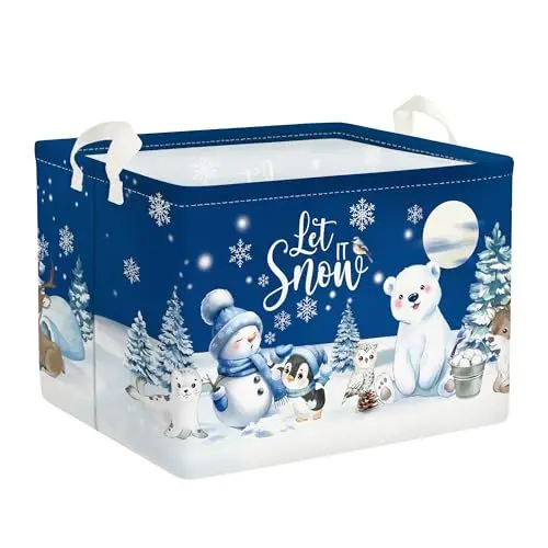 Produktbild: Clastyle 36L Groß Winter Tiere Eisbär Schneemann Pinguin Hirsche Kinder Aufbewahrungskorb mit Henkel Rechteckig Eule Robbe Spielzeug Kleidung Aufbewahrungsbox für Kinderzimmer Bad