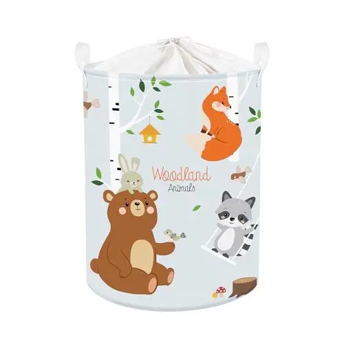 Produktbild: Clastyle 45L Birkenwald Tiere Füchse Bär Waschbär Kinder Wäschekorb Blau Reh Rund Kleidung Spielzeug Aufbewahrungskorb für Kinderzimmer, 36x45 cm