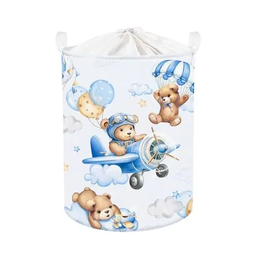 Produktbild: Clastyle 45L Blau Bär Piloten Junge Mädchen Wäschekorb Heißluftballon Fallschirm Hubschrauber Rund Spielzeug Kleidung Aufbewahrungskorb für Kinderzimmer, 36x45 cm