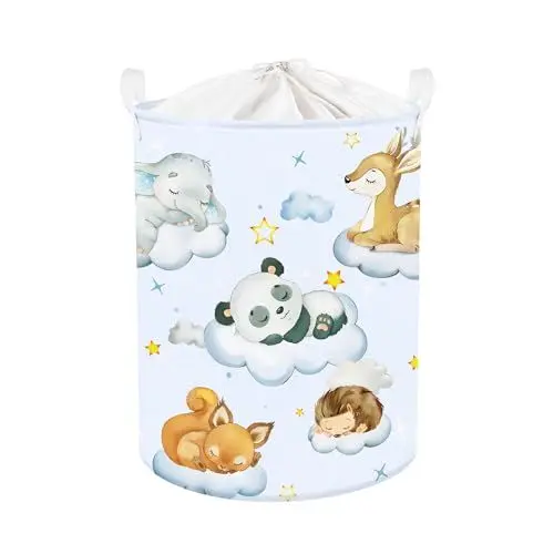Produktbild: Clastyle 45L Blau Schlafende Tiere Junge Mädchen Wäschekorb Bär Elefant Fuchs Rund Spielzeug Kleidung Aufbewahrungskorb für Kinderzimmer, 36x45 cm
