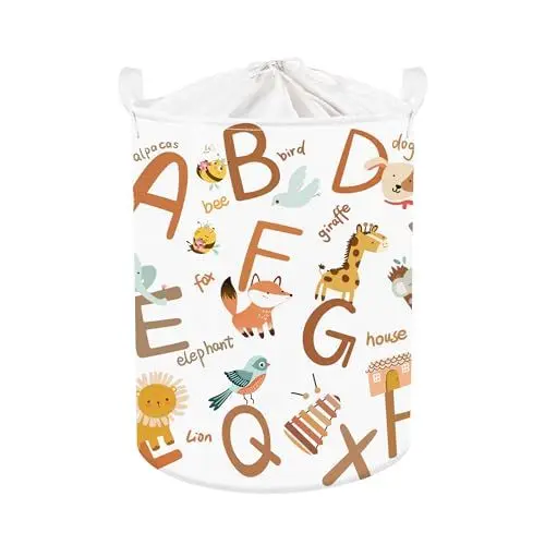 Produktbild: Clastyle 45L Boho Buchstabe Tiere Junge Mädchen Wäschekorb Fuchs Löwe Elefant Rund Spielzeug Kleidung Aufbewahrungskorb für Kinderzimmer, 36x45 cm