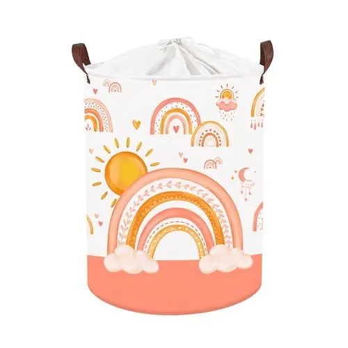 Produktbild: Clastyle 45L Boho Regenbogen Wolke Junge Mädchen Wäschekorb Sonne Mond Orange Rund Spielzeug Kleidung Aufbewahrungskorb für Kinderzimmer, 36x45 cm