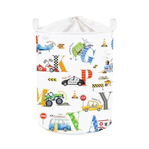 Produktbild: Clastyle 45L Buchstabe Baufahrzeug Bagger Junge Wäschekorb Bunt Rund Spielzeug Kleidung Aufbewahrungskorb für Kinderzimmer, 36x45 cm