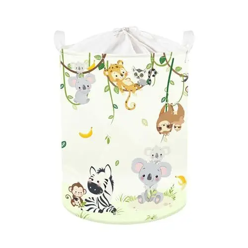 Produktbild: Clastyle Rebe Wildtiere Kinder Wäschekorb mit Henkel Faltbar Kleidung Spielzeug Aufbewahrungskorb Jungen Mädchen Aufbewahrungsbox für Babyzimmer Bad, Löwe Giraffen Elefant, 36 * 45 cm