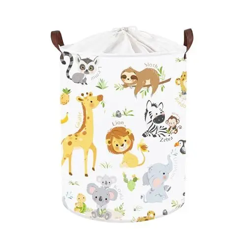 Produktbild: Clastyle 45L Giraffe Löwe Elefant Junge Mädchen Wäschekorb Zebra Koala Faultier Rund Weiß Spielzeug Kleidung Aufbewahrungskorb für Kinderzimmer, 36x45 cm