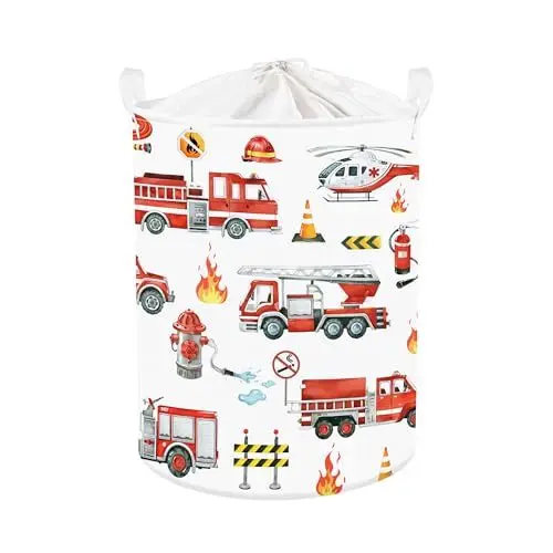 Produktbild: Clastyle Auto Kinder Wäschekorb mit Henkel Faltbar Kleidung Spielzeug Aufbewahrungskorb Jungen Aufbewahrungsbox für Babyzimmer Bad, Feuerwehrfahrzeuge, 36 * 45 cm