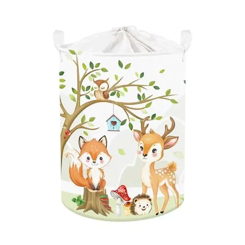 Produktbild: Clastyle Wildtiere Kinder Wäschekorb mit Henkel Baumzweige Kleidung Spielzeug Aufbewahrungskorb Jungen Mädchen Aufbewahrungsbox für Babyzimmer Bad, Fuchs Hirsche, 36*45 cm